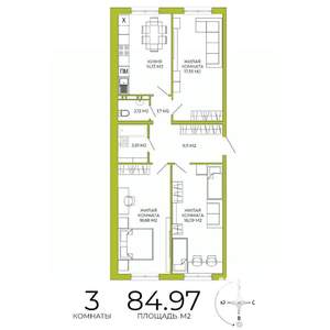 3-к квартира, строящийся дом, 85м2, 13/18 этаж