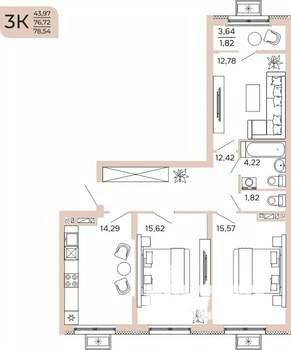 3-к квартира, вторичка, 79м2, 15/17 этаж
