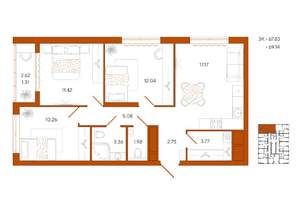 3-к квартира, вторичка, 69м2, 3/18 этаж