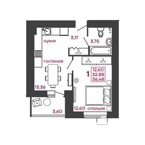 1-к квартира, вторичка, 36м2, 14/17 этаж