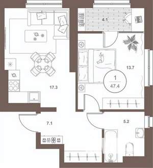1-к квартира, вторичка, 47м2, 12/16 этаж
