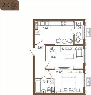 2-к квартира, вторичка, 57м2, 16/17 этаж