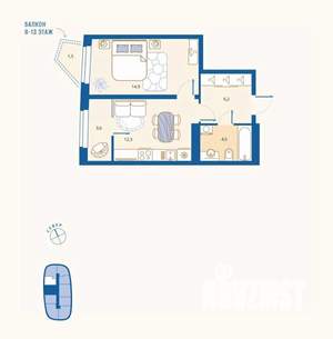 1-к квартира, вторичка, 43м2, 9/16 этаж