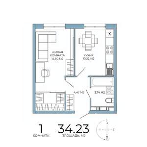 1-к квартира, строящийся дом, 34м2, 10/18 этаж