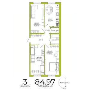 3-к квартира, строящийся дом, 85м2, 13/18 этаж