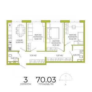 3-к квартира, строящийся дом, 70м2, 4/18 этаж