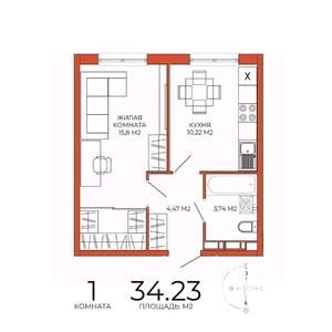 1-к квартира, строящийся дом, 34м2, 6/18 этаж