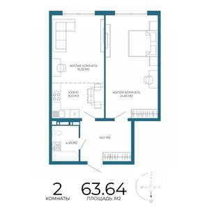 2-к квартира, строящийся дом, 64м2, 17/17 этаж