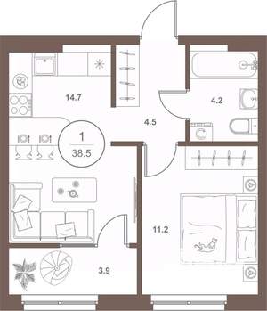 1-к квартира, вторичка, 38м2, 11/16 этаж