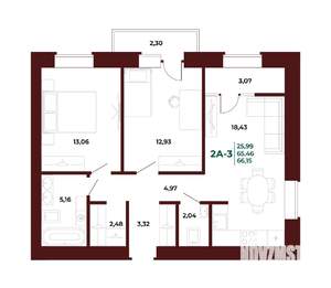 2-к квартира, вторичка, 66м2, 12/17 этаж