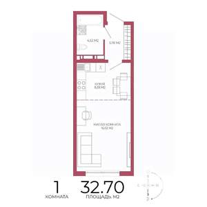 1-к квартира, строящийся дом, 33м2, 7/18 этаж