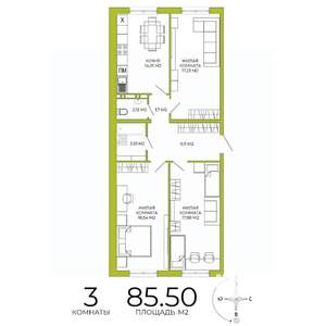 3-к квартира, строящийся дом, 85м2, 4/18 этаж
