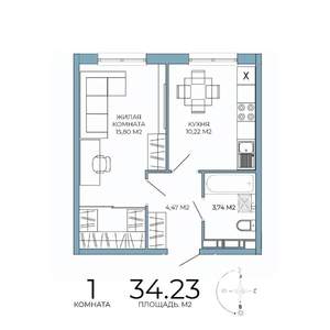 1-к квартира, строящийся дом, 34м2, 13/18 этаж