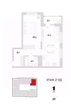 1-к квартира, вторичка, 56м2, 17/24 этаж