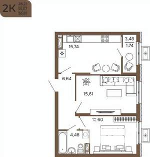 2-к квартира, вторичка, 57м2, 15/17 этаж