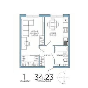 1-к квартира, строящийся дом, 34м2, 13/18 этаж