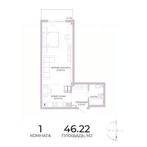 1-к квартира, строящийся дом, 46м2, 3/17 этаж