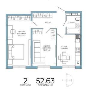 2-к квартира, строящийся дом, 53м2, 2/18 этаж