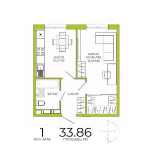1-к квартира, строящийся дом, 34м2, 2/18 этаж