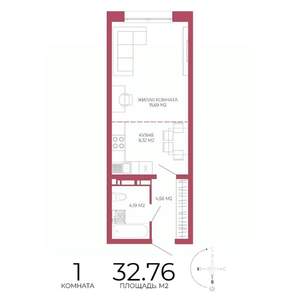 1-к квартира, строящийся дом, 33м2, 3/18 этаж