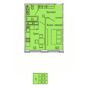 1-к квартира, строящийся дом, 32м2, 17/18 этаж