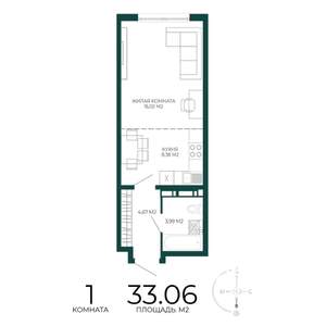 1-к квартира, строящийся дом, 33м2, 13/17 этаж