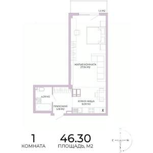 1-к квартира, строящийся дом, 46м2, 9/17 этаж