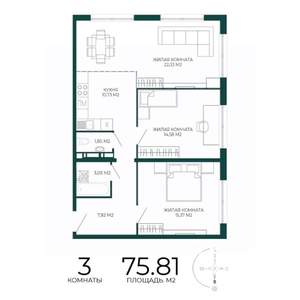 3-к квартира, строящийся дом, 76м2, 9/17 этаж