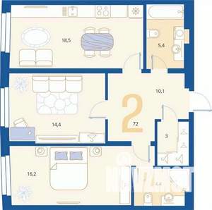 2-к квартира, вторичка, 72м2, 1/16 этаж