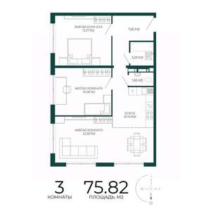3-к квартира, строящийся дом, 76м2, 17/17 этаж