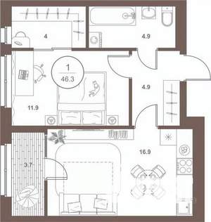 1-к квартира, вторичка, 46м2, 12/16 этаж