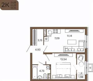 2-к квартира, вторичка, 47м2, 9/17 этаж