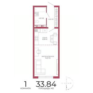 1-к квартира, строящийся дом, 34м2, 8/18 этаж