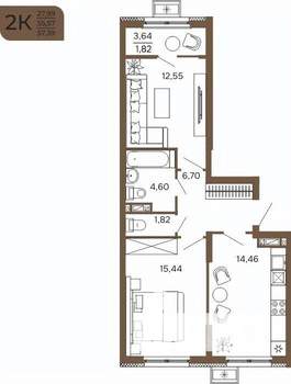 2-к квартира, вторичка, 57м2, 11/17 этаж