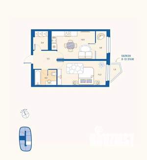 1-к квартира, вторичка, 48м2, 2/16 этаж
