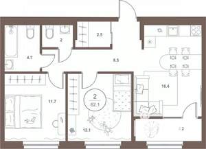 2-к квартира, вторичка, 62м2, 10/16 этаж