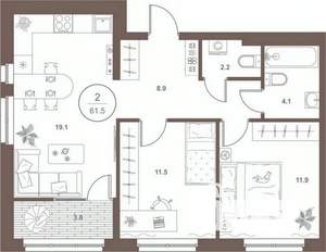 2-к квартира, вторичка, 61м2, 11/16 этаж