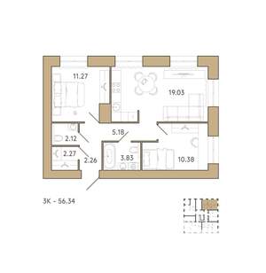 2-к квартира, вторичка, 56м2, 1/18 этаж