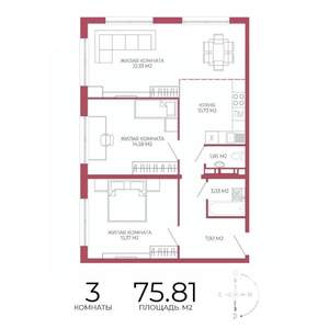 3-к квартира, строящийся дом, 76м2, 8/18 этаж