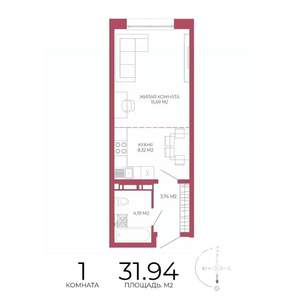 1-к квартира, строящийся дом, 32м2, 3/18 этаж