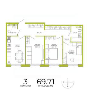 3-к квартира, строящийся дом, 70м2, 2/18 этаж