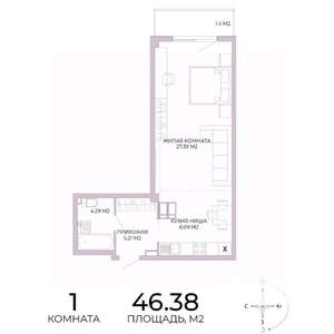 1-к квартира, строящийся дом, 46м2, 16/17 этаж