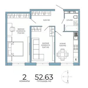 2-к квартира, строящийся дом, 53м2, 2/18 этаж