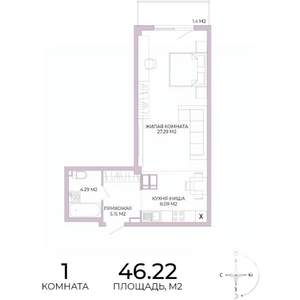 1-к квартира, строящийся дом, 46м2, 5/17 этаж