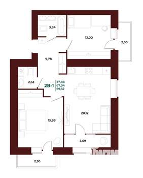 2-к квартира, вторичка, 69м2, 12/17 этаж