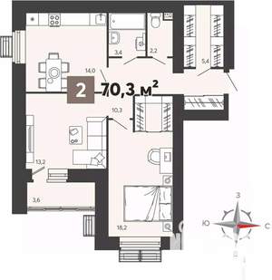 2-к квартира, вторичка, 70м2, 8/16 этаж