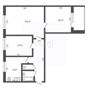 3-к квартира, вторичка, 53м2, 1/9 этаж