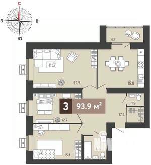 3-к квартира, вторичка, 94м2, 7/17 этаж