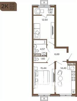 2-к квартира, вторичка, 57м2, 12/17 этаж