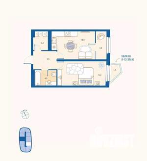 1-к квартира, вторичка, 47м2, 5/16 этаж